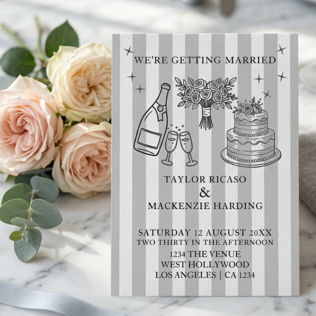 Invitation Mariage Doodles Fantaisistes Gris et Blanc (Wedding Whimsical Doodles Invitation
by Ricaso. features wedding cake, bouquet and flutes)