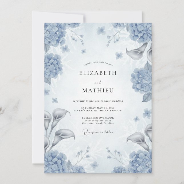 Invitation Mariage d'Opulence Florale Bleu Poussiéreux (Devant)