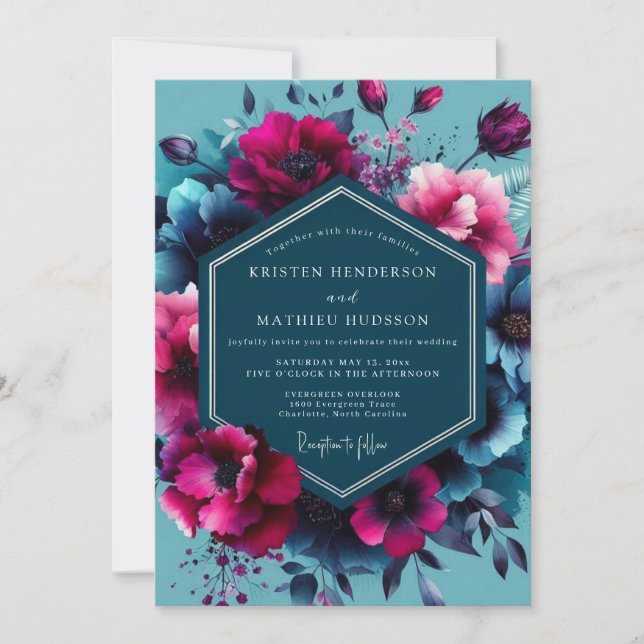 Invitation Mariage d'opulence florale sarcelle lunatique (Devant)