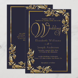 Invitation Mariage d'or à cadre fleuri à budget luxueux