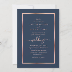 Invitation Mariage d'or bleu marine et Rose