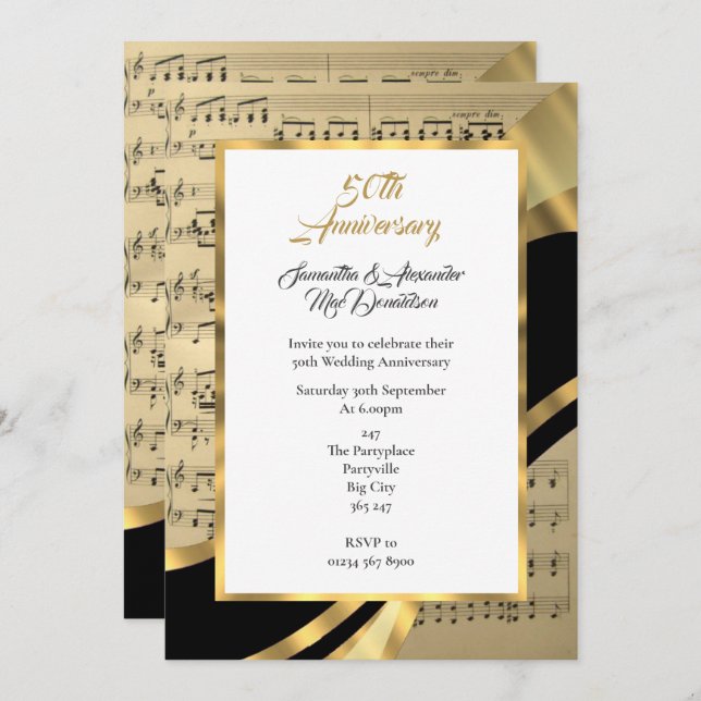 Invitation mariage d'or de la feuille de musique (Devant / Derrière)