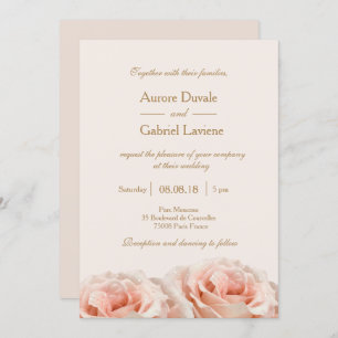 Invitation Mariage d'or d'ivoire fleuri Rose rose roux