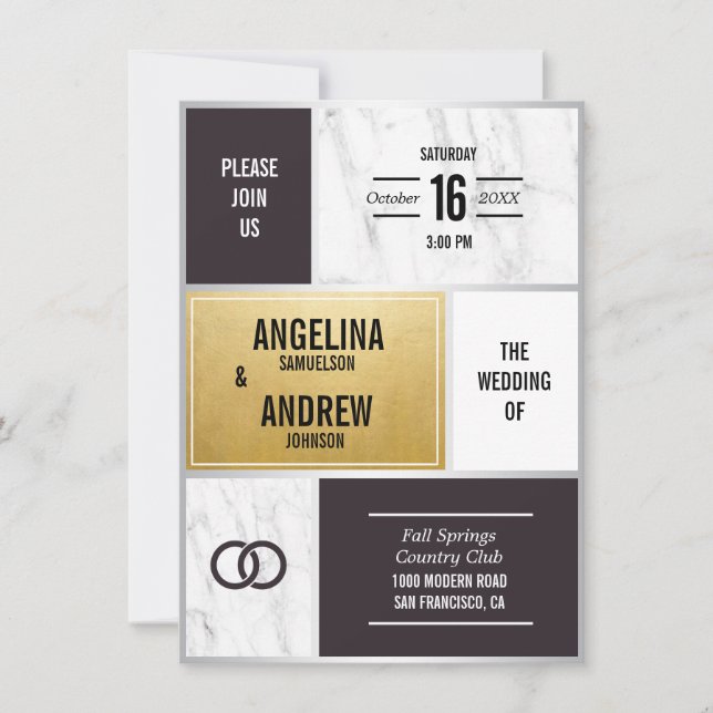 Invitation Mariage d'or en marbre noir blanc moderne (Devant)
