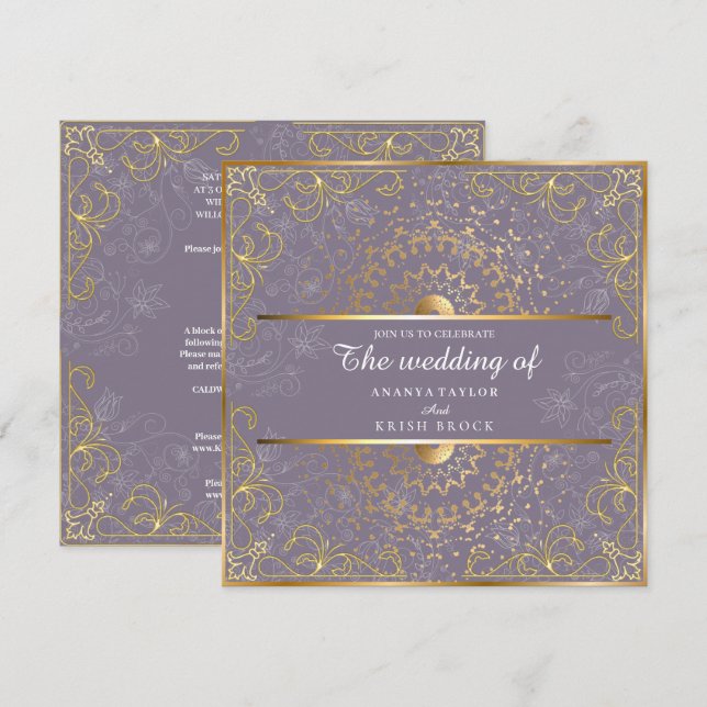 Invitation Mariage d'or et de violet éblouissant (Devant / Derrière)