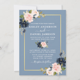 Invitation Mariage d'or floral bleu rose bleu moderne
