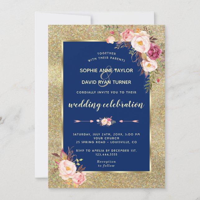 Invitation Mariage d'or Floral Blush de la Royal Navy (Devant)