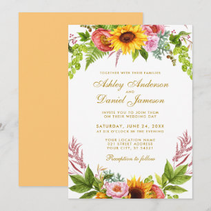 Invitation Mariage d'or floral de tournesol d'aquarelle