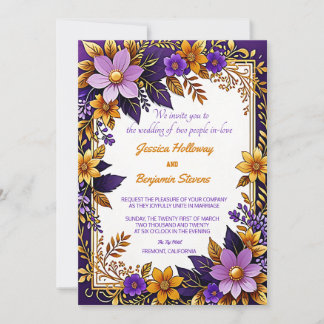 Invitation Mariage d'or floral violet ultra violet