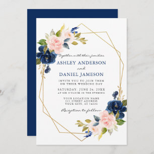 Invitation Mariage d'or géométrique bleu rose classique