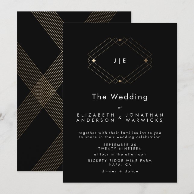 Invitation Mariage d'or géométrique moderne noir simple (Devant / Derrière)