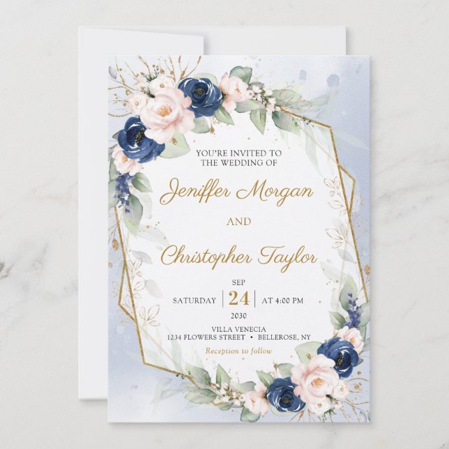 Invitation Mariage d'or Marine et Flush Eucalyptus Faux (Devant)