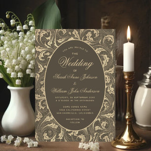 Invitation Mariage d'or noir Vintage chardon Feuilles élégant