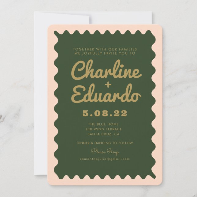 Invitation Mariage d'or Retro Wavy Green Peachy (Devant)