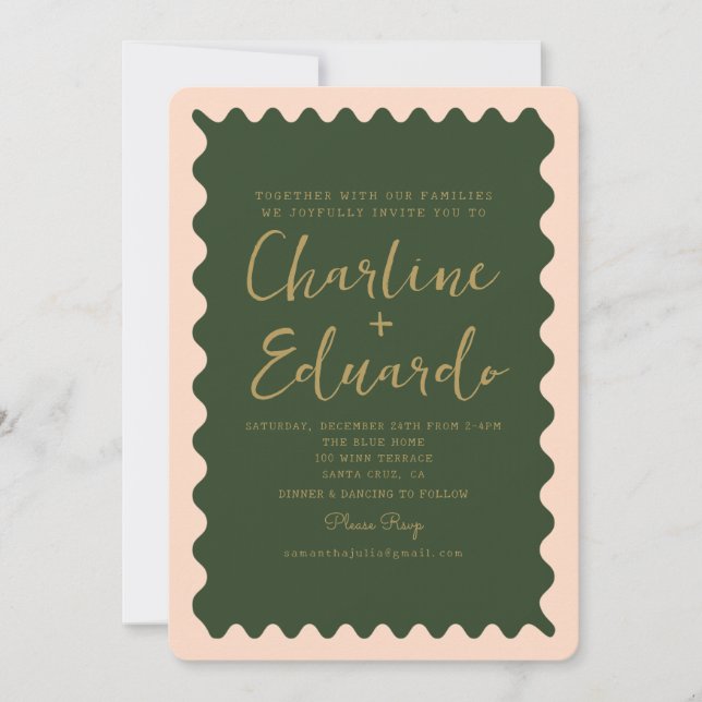 Invitation Mariage d'or Retro Wavy Green Peachy (Devant)