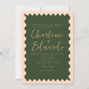 Invitation Mariage d'or Retro Wavy Green Peachy