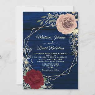 Invitation Mariage d'or rose bleu marine