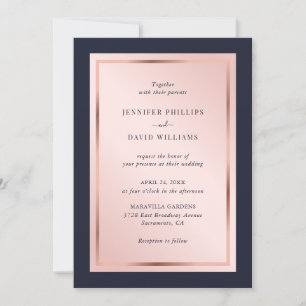 Invitation Mariage d'or Rose bleu marine moderne