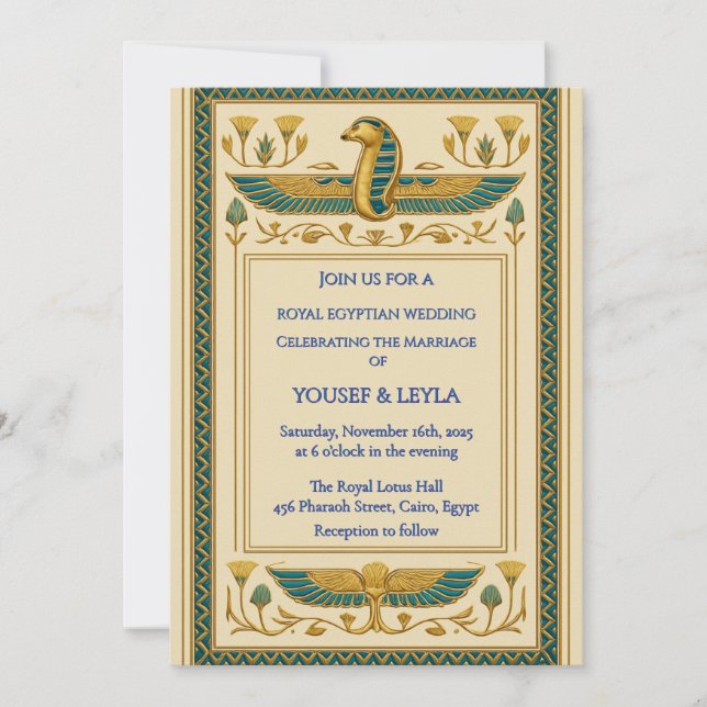 Invitation Mariage d'or Royal Egyptian Winged Cobra Lotus (Devant)