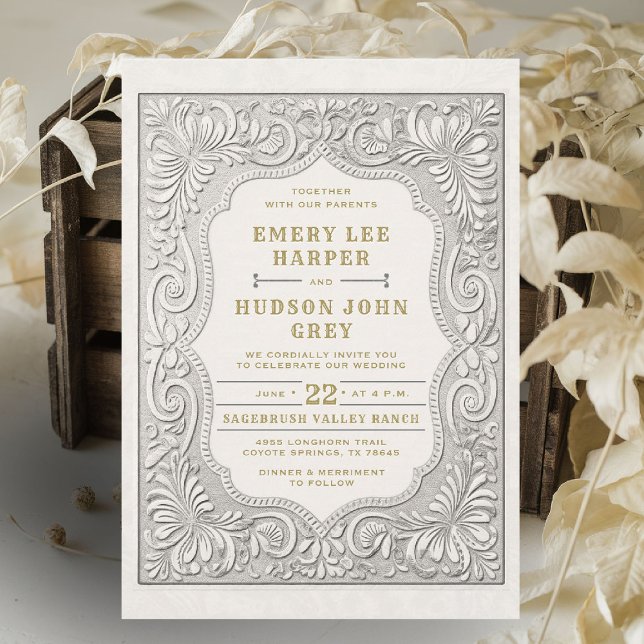 Invitation Mariage d'or rustique de l'Ouest en cuir du pays (cowboy wedding invitation white tooled leather effect elegant country western barn backyard)