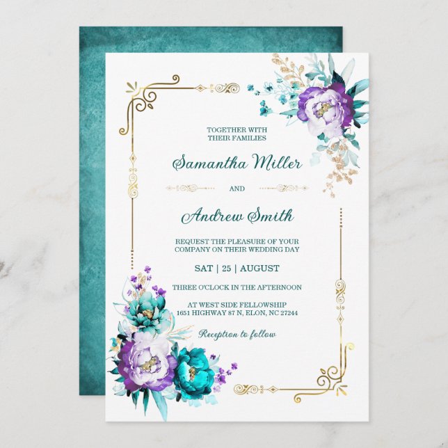 Invitation Mariage d'or Turquoise et violet modifiable (Devant / Derrière)