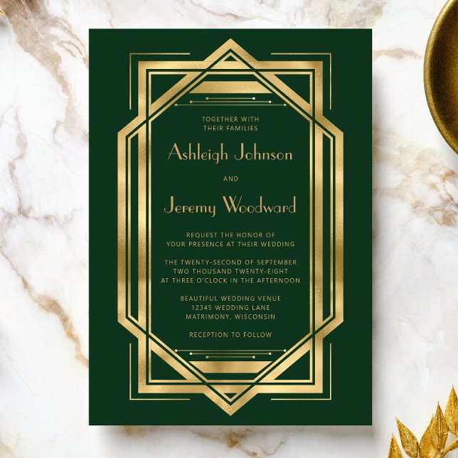 Invitation Mariage d'or vintage Déco 1920 (An ideal choice for a 1920s vintaged themed wedding with a green and gold color palette.)