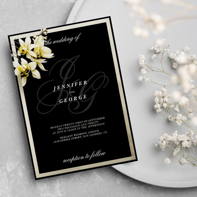 Invitation Mariage d'orchidées avec initiales en ivoire noir (Black ivory monogram initials orchid wedding )