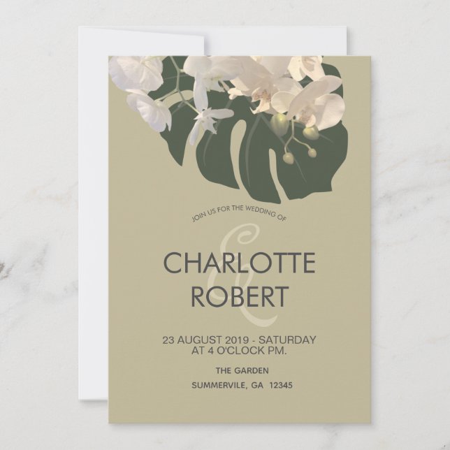 Invitation Mariage d'orchidées blanches à feuilles tropicales (Devant)