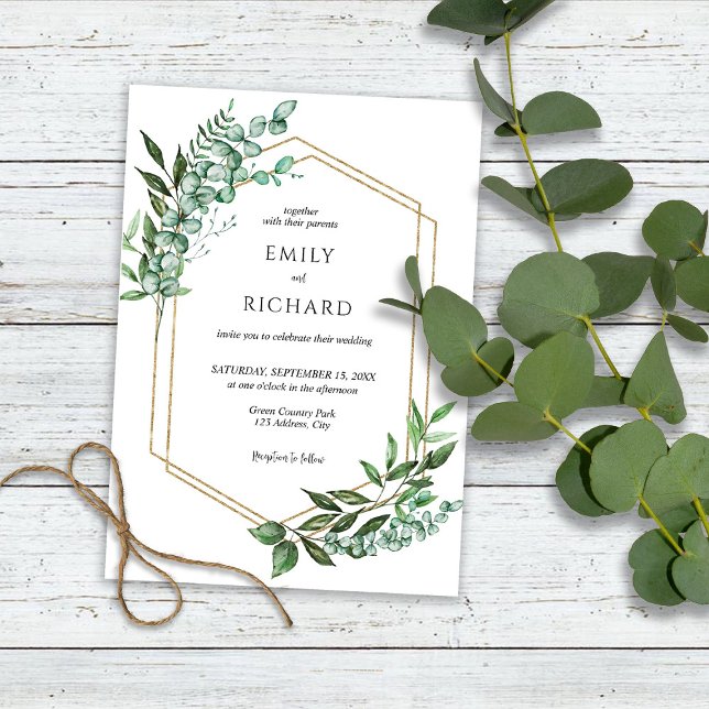 Invitation Mariage doré à la verdure d'eucalyptus (Créateur téléchargé)
