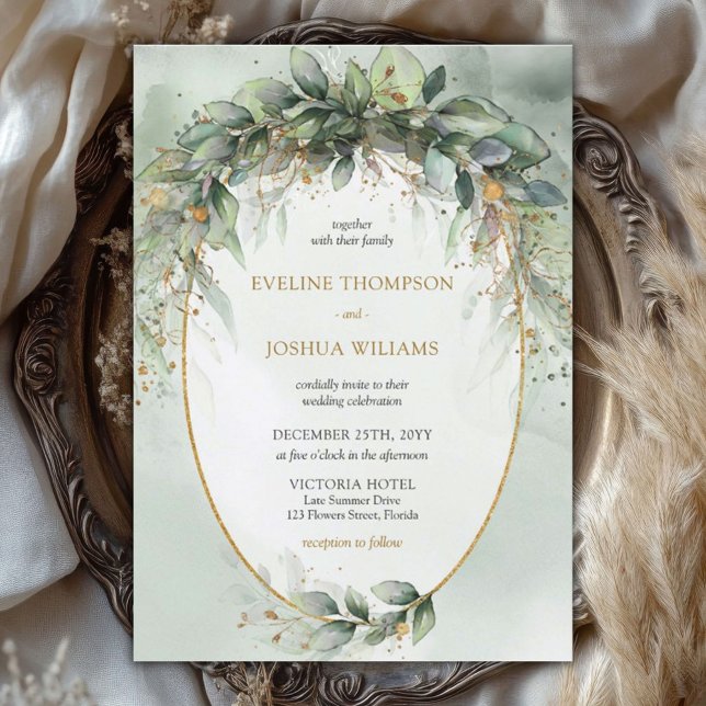 Invitation Mariage doré boho eucalyptus tendance (Modern watercolor eucalyptus wreath gold frame wedding invitation digital)