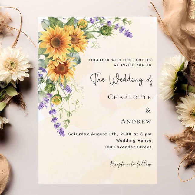 Invitation Mariage doré fleurs de lavande de tournesol (Créateur téléchargé)