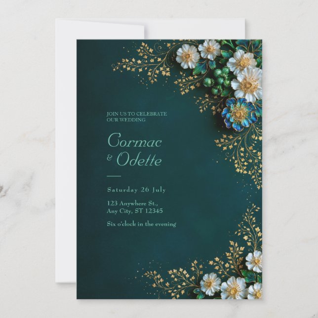 Invitation Mariage doré ivoire émeraude (Devant)