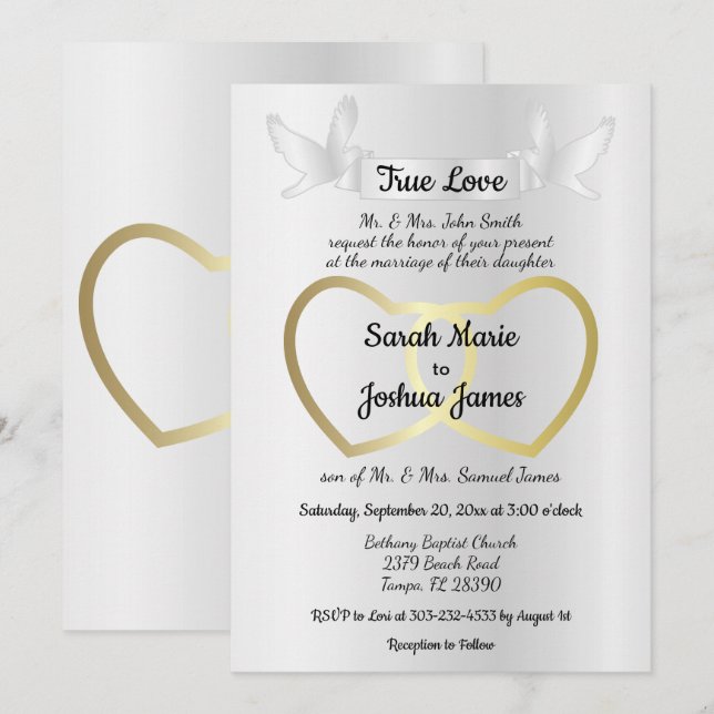 Invitation Mariage double coeur Gold (Devant / Derrière)