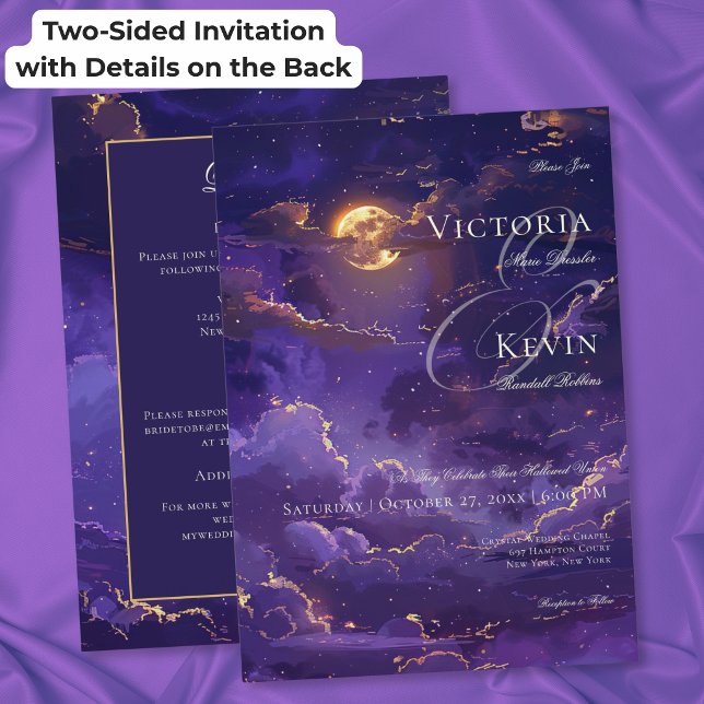 Invitation Mariage Double Face Nuit Sombre Violet Clair de Lu (Dark Moody Purple & Gold Moonlit Clouds Wedding Invitation)