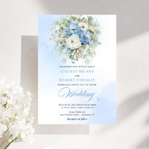 Invitation Mariage Douce Bohème Bleu Poussiéreux Blanc Péonie
