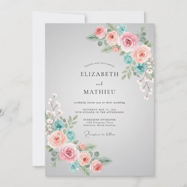 Invitation Mariage Douce Corail Aqua Paeon (Devant)