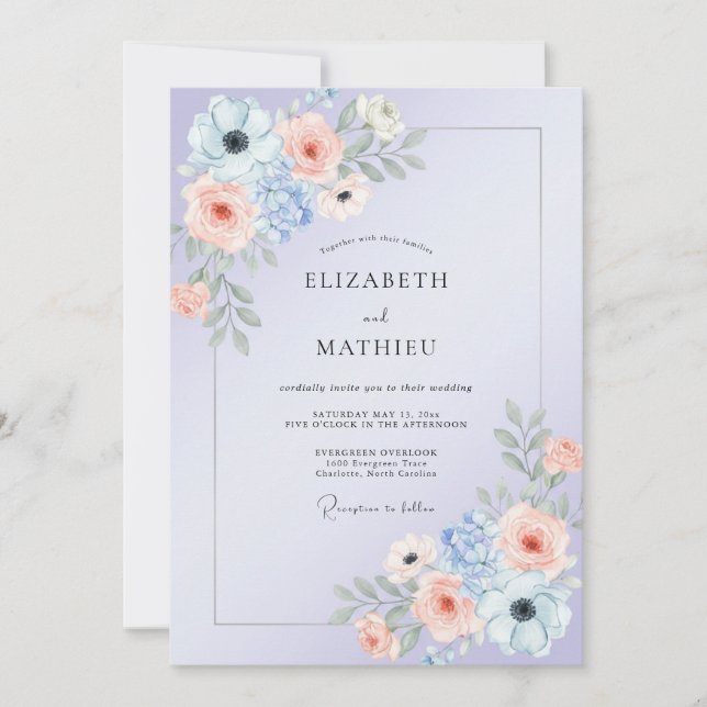 Invitation Mariage Douce Corail Lilas Pivoine (Devant)