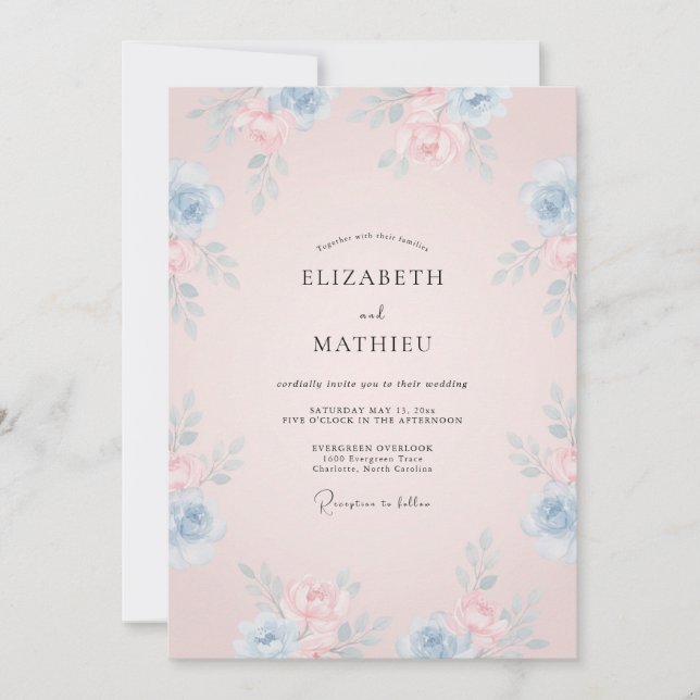 Invitation Mariage Douce Étreinte Bleu Pâle (Devant)