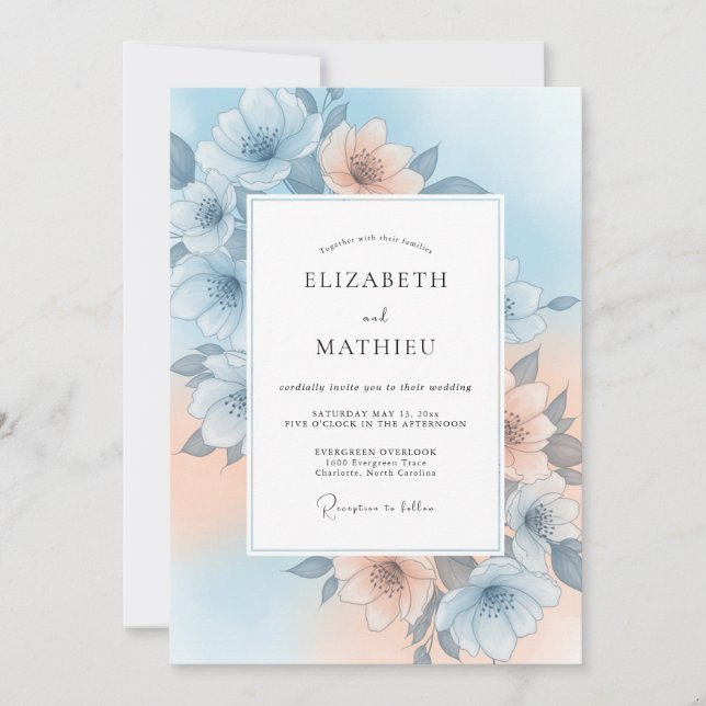 Invitation Mariage Douce Floraison Bleu Ciel (Devant)