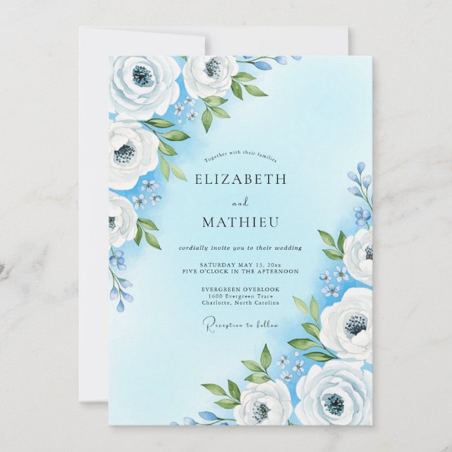 Invitation Mariage Douce Floraison Bleu Ciel (Devant)