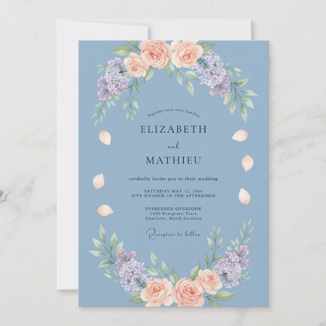 Invitation Mariage Douce Floraison Bleu Poussiéreux (Devant)