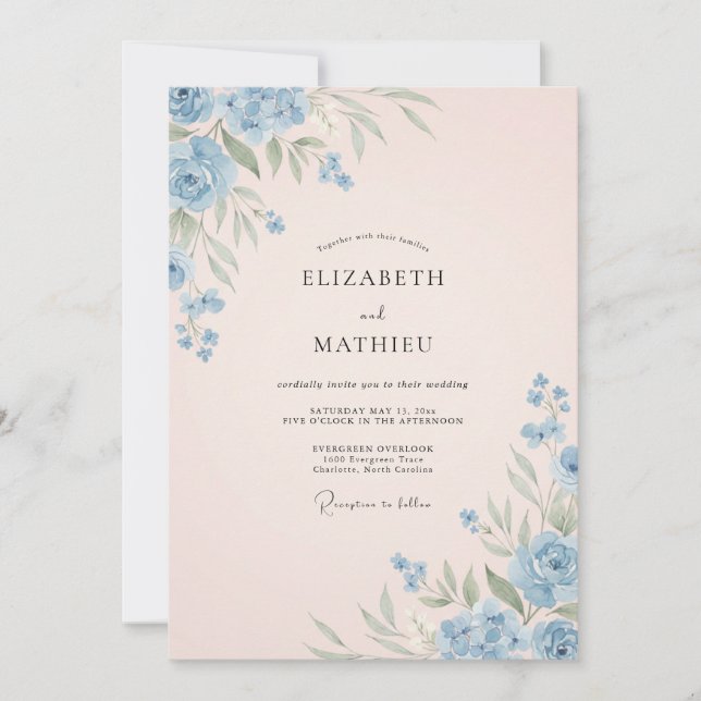 Invitation Mariage Douce Floraison Bleue Poudre (Devant)