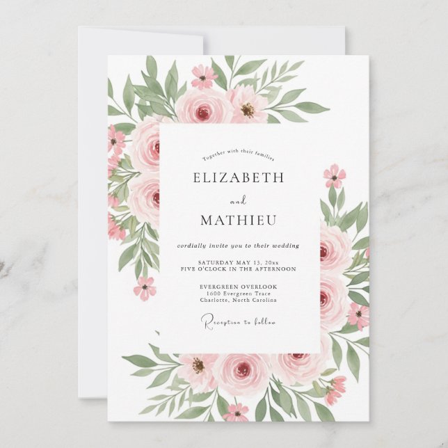 Invitation Mariage Douce Floraison Rose (Devant)