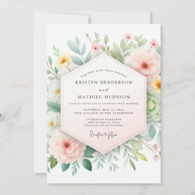 Invitation Mariage Douce Floraison Rose et Sauge (Devant)