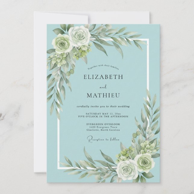 Invitation Mariage Douce Floraison Sarcelle (Devant)