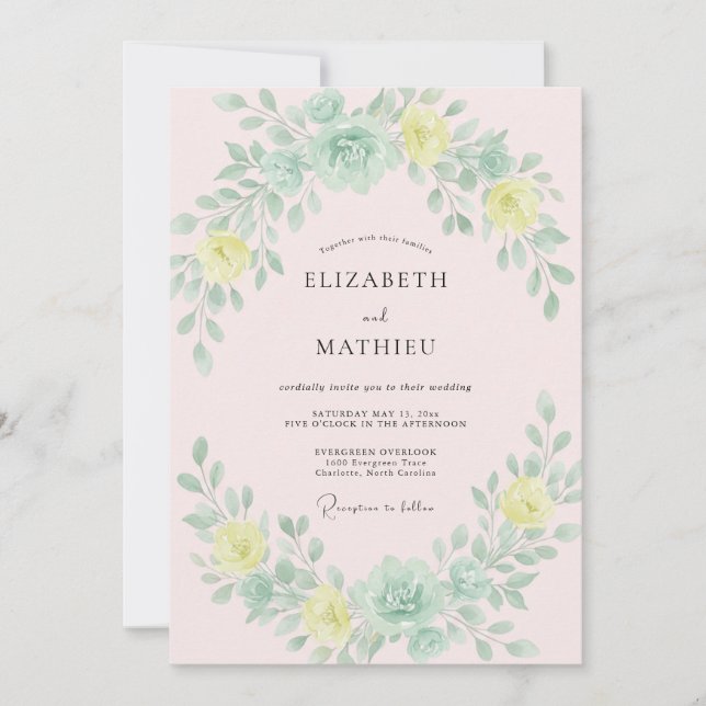 Invitation Mariage Douce Floraison Vert Menthe (Devant)