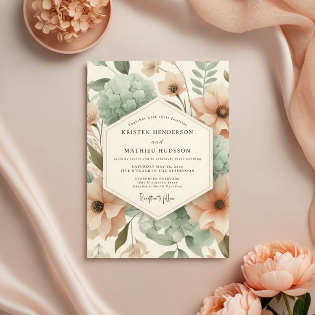 Invitation Mariage Douce Murmure de Pêche Botanique (Créateur téléchargé)