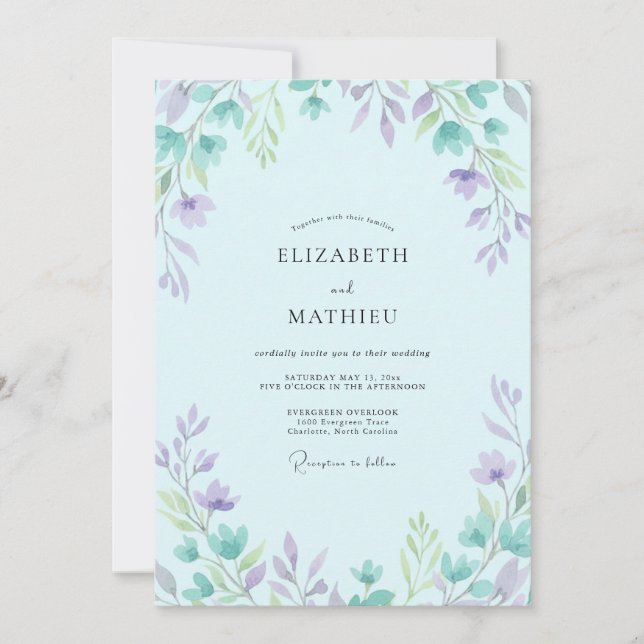 Invitation Mariage Douce Pervenche et Feuilles de Lilas (Devant)