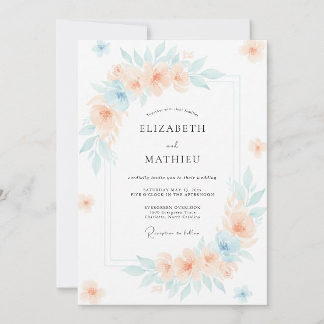 Invitation Mariage Douce Pivoine Aqua Pêche (Devant)