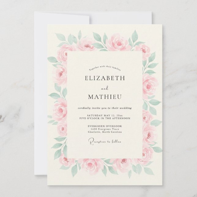 Invitation Mariage Douce Pivoine Menthe (Devant)